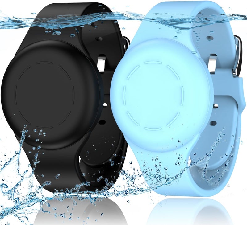 R-fun Portable Electronic Device Cover for Kids, Waterproof Airtag Bracelets [2 Pack] - Soft Silicone, Anti-Lost GPS Item Finders Case Cover, Black/Glow Blue - Image 1